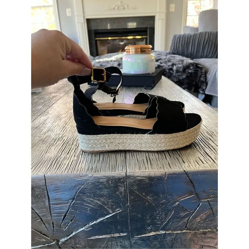 Bamboo Black faux Suede Jute Ankle Strap Sandals sz 9 EUC